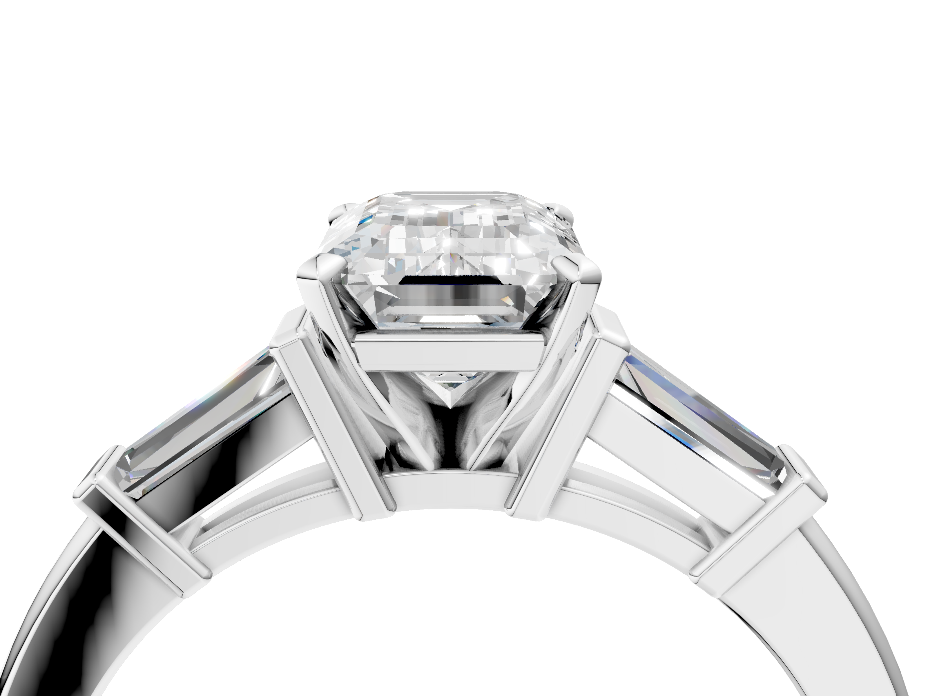 White gold Emerald Cut Diamond Solitaire Ring with Tapered Baguette Accents and Four-Prong Setting_132