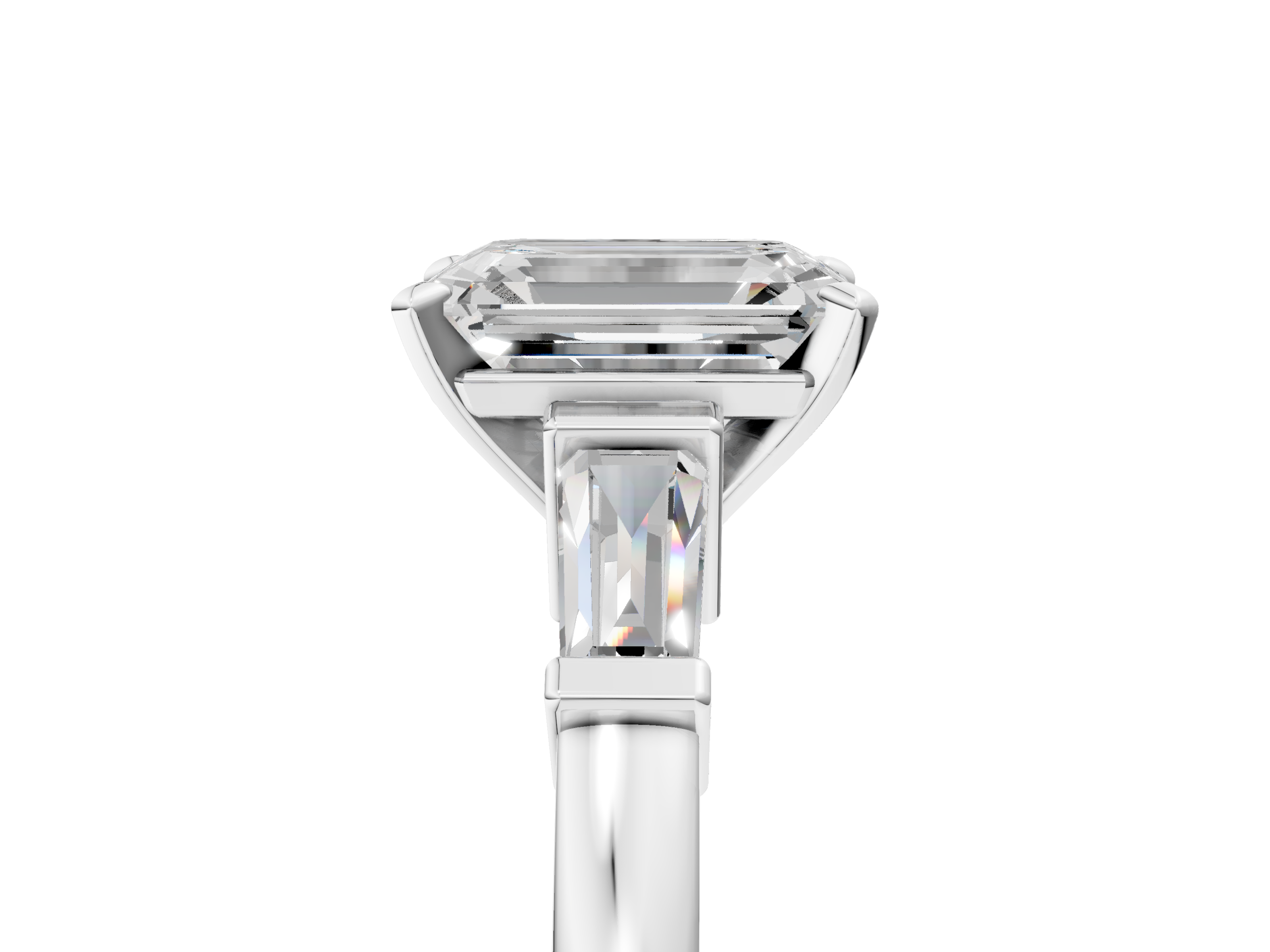 White gold Emerald Cut Diamond Solitaire Ring with Tapered Baguette Accents and Four-Prong Setting_133