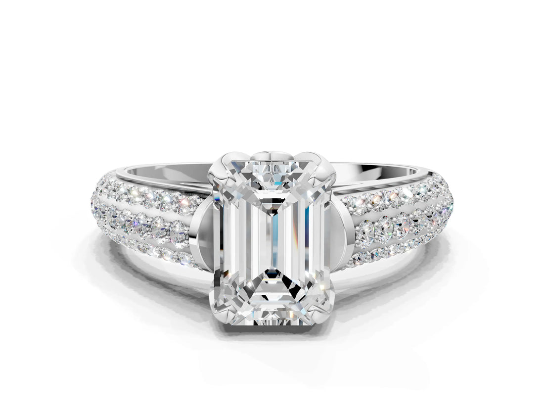 White gold Emerald Cut Diamond Solitaire Ring with Three-Row Pavé Band and Four-Prong Setting_45