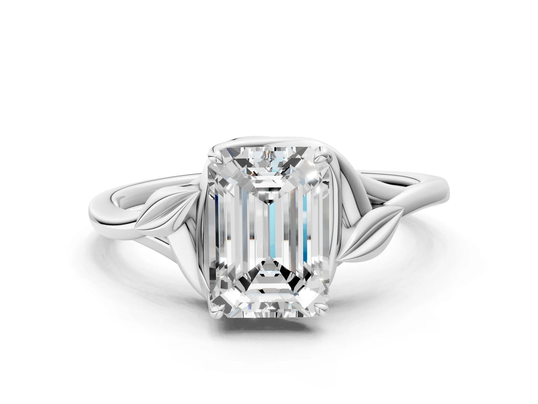 White gold Emerald Cut Diamond Solitaire Ring with Twist Band and Four-Prong Setting_77