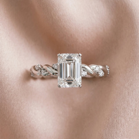 10K White Gold 1.08 Carat F VVS2 Emerald Diamond Solitaire Ring with Twisted Band and Pavé Accents