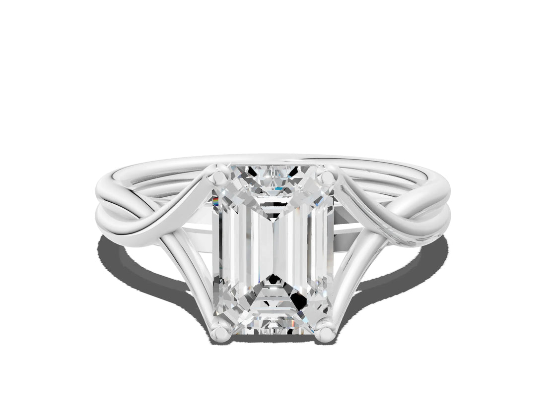 White gold Emerald Cut Diamond Solitaire Twist Band Prong Setting Ring_55