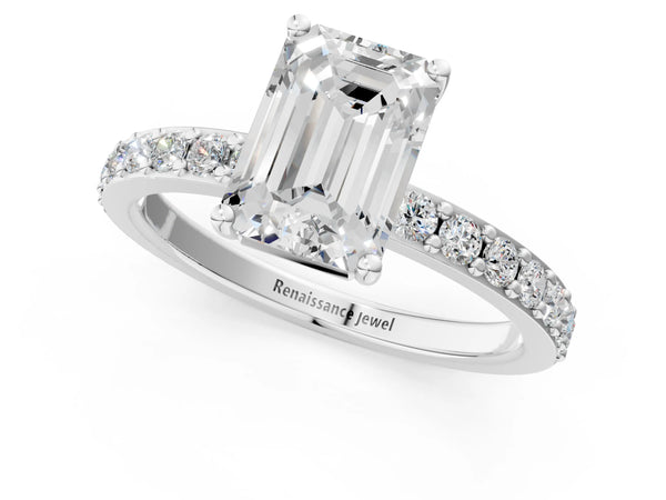 White gold Emerald Cut Diamond Solitaire with Pave Band and Four-Prong Setting