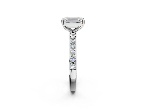 White gold Emerald Cut Diamond Solitaire with Pave Band and Four-Prong Setting