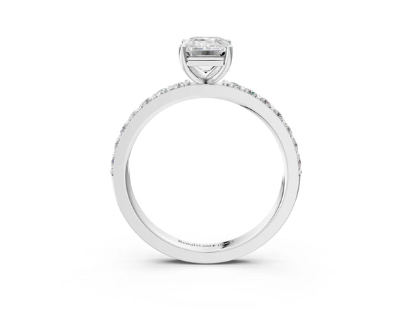 White gold Emerald Cut Diamond Solitaire with Pave Band and Four-Prong Setting