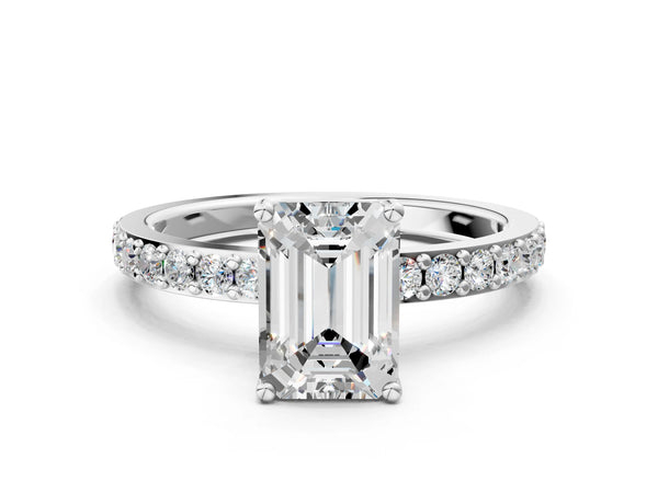 White gold Emerald Cut Diamond Solitaire with Pave Band and Four-Prong Setting