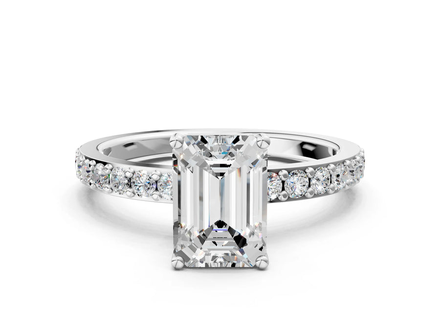 White gold Emerald Cut Diamond Solitaire with Pave Band and Four-Prong Setting