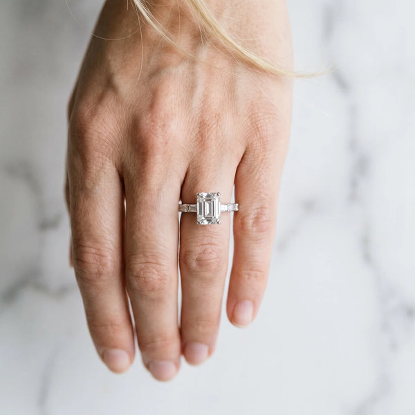 Platinum Emerald Cut Engagement Ring Setting with Baguette Side Stones and Mixed Accent Band