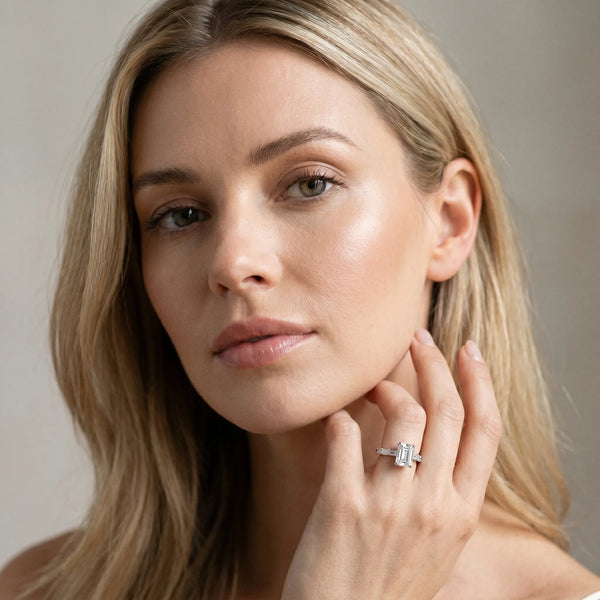 White Gold Emerald Cut Engagement Ring Setting with Baguette Side Stones and Mixed Accent Band