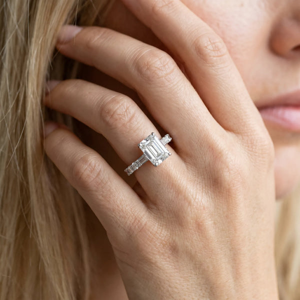 White Gold Emerald Cut Engagement Ring Setting with Baguette Side Stones and Mixed Accent Band
