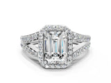 White gold Emerald Cut Diamond Split Shank Halo Ring with Four-Prong Setting_64