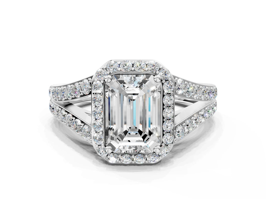 White gold Emerald Cut Diamond Split Shank Halo Ring with Four-Prong Setting_68