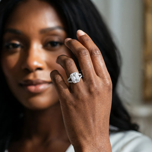 White Gold Emerald Cut Halo Engagement Ring Setting with Narrow Pave Split Shank