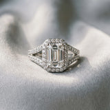 White gold Emerald Cut Diamond Split Shank Halo Ring with Four-Prong Setting_79