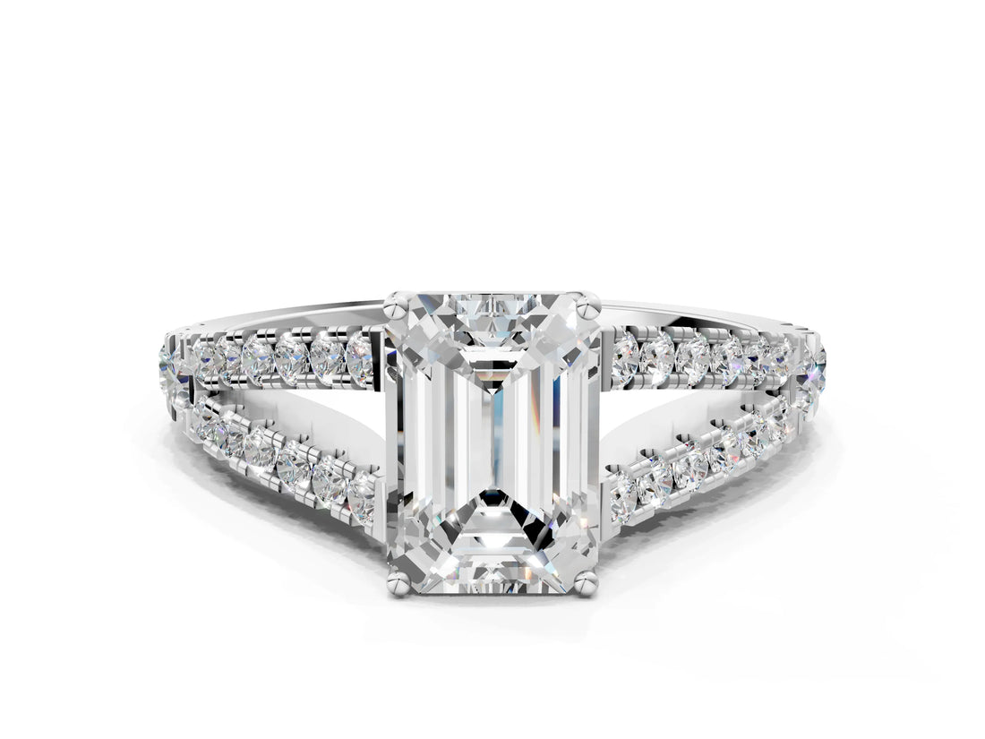 White gold Emerald Cut Diamond Split Shank Pavé Engagement Ring with Four-Prong Setting_112