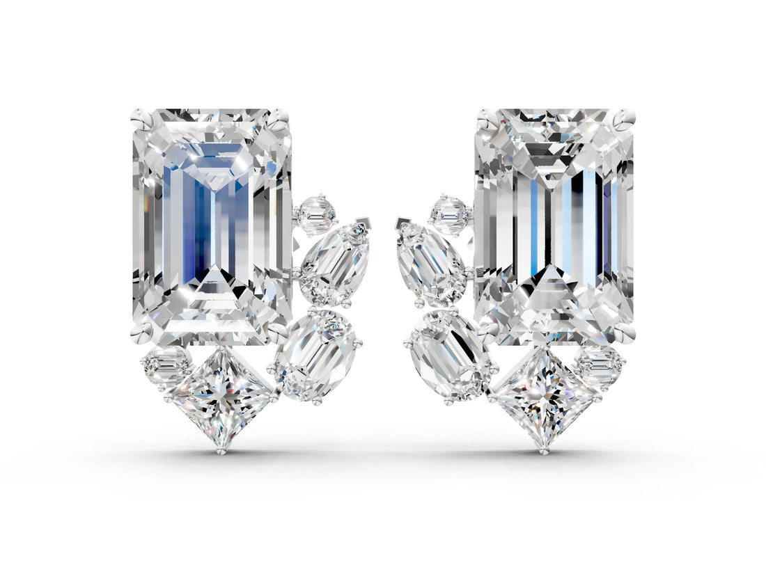 White gold Emerald Cut Diamond Stud Earrings with Round and Oval Accents_52