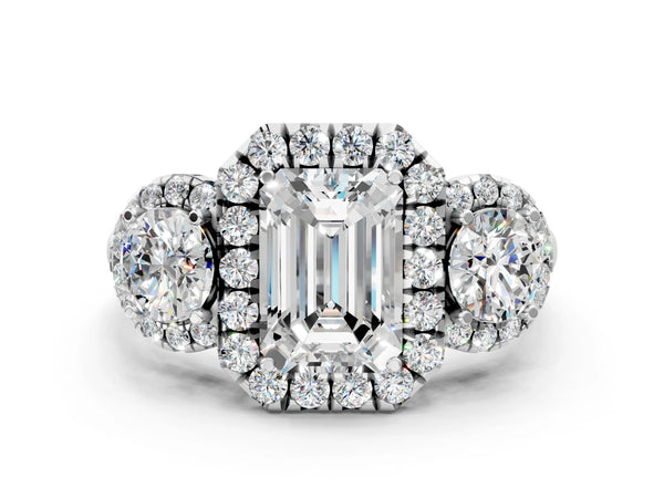 White gold Round Diamond Three-Stone Halo Ring with Prong Setting and Pavé Accents