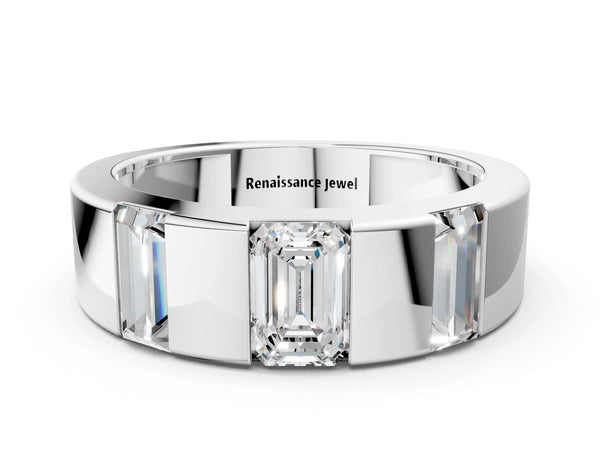 White gold Emerald Cut Diamond Three-Stone Mens Ring with Baguette Side Stones