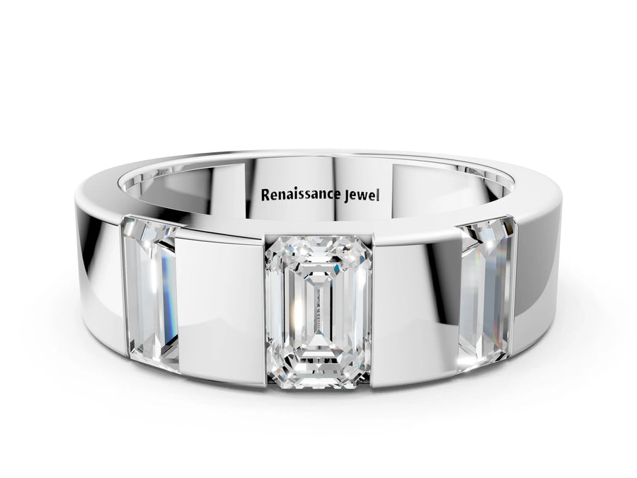 White gold Emerald Cut Diamond Three-Stone Mens Ring with Baguette Side Stones