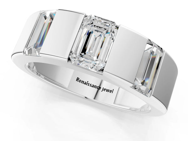 White gold Emerald Cut Diamond Three-Stone Mens Ring with Baguette Side Stones