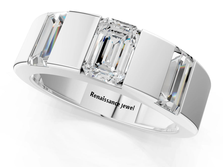 White gold Emerald Cut Diamond Three-Stone Mens Ring with Baguette Side Stones