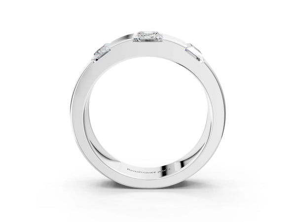 White gold Emerald Cut Diamond Three-Stone Mens Ring with Baguette Side Stones