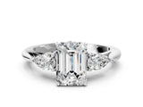 White gold Emerald Cut Diamond Three-Stone Ring with Pear Side Stones and Four-Prong Setting_76