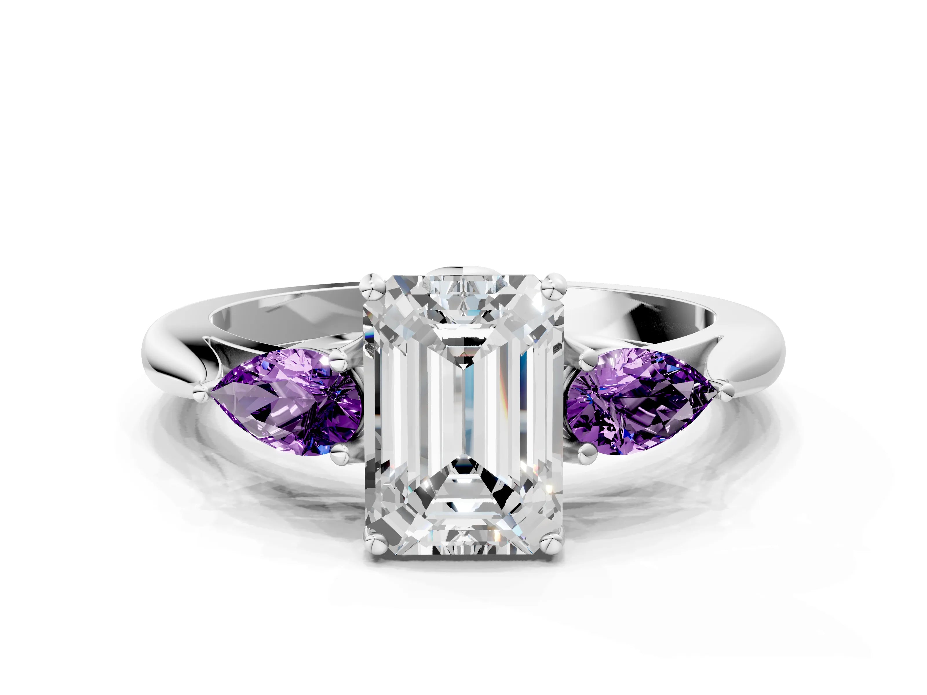 White gold Emerald Cut Diamond Three-Stone Ring with Pear with Amethyst side stone Side Stones and Prong Setting_12