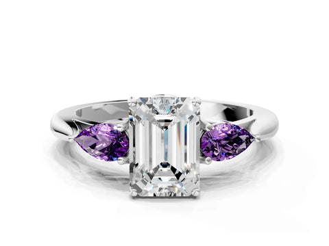 White gold Emerald Cut Diamond Three-Stone Ring with Pear with Amethyst side stone Side Stones and Prong Setting_12