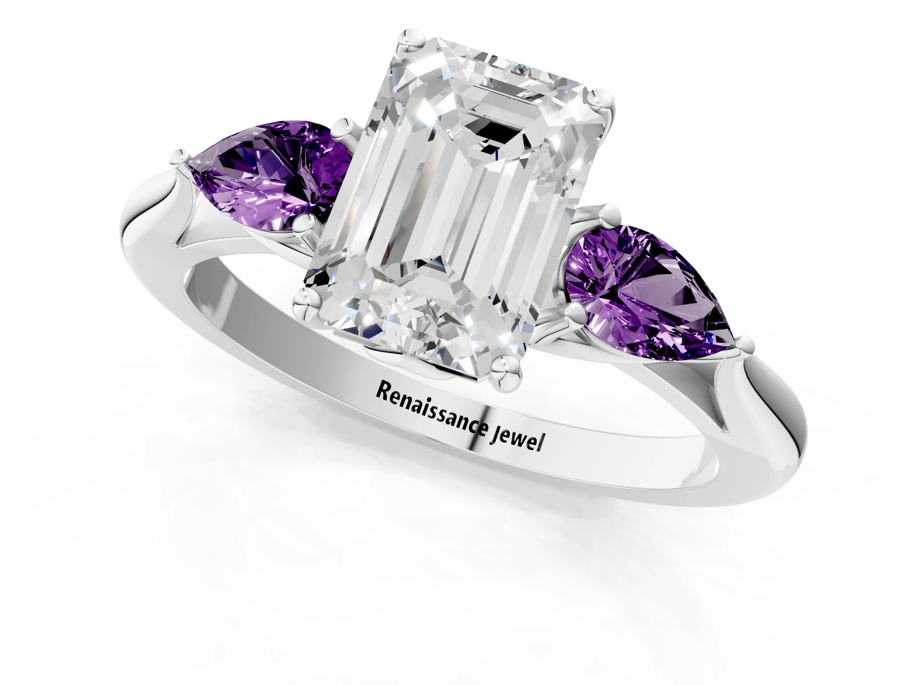 White gold Emerald Cut Diamond Three-Stone Ring with Pear with Amethyst side stone Side Stones and Prong Setting_13
