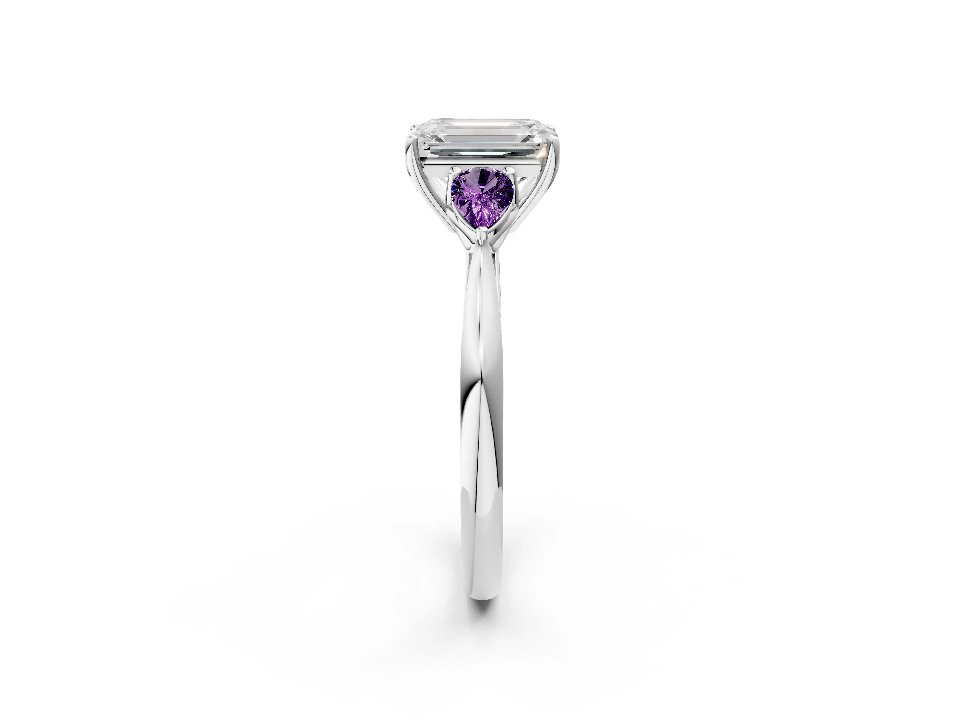 White gold Emerald Cut Diamond Three-Stone Ring with Pear with Amethyst side stone Side Stones and Prong Setting_14