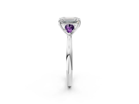 White gold Emerald Cut Diamond Three-Stone Ring with Pear with Amethyst side stone Side Stones and Prong Setting_14
