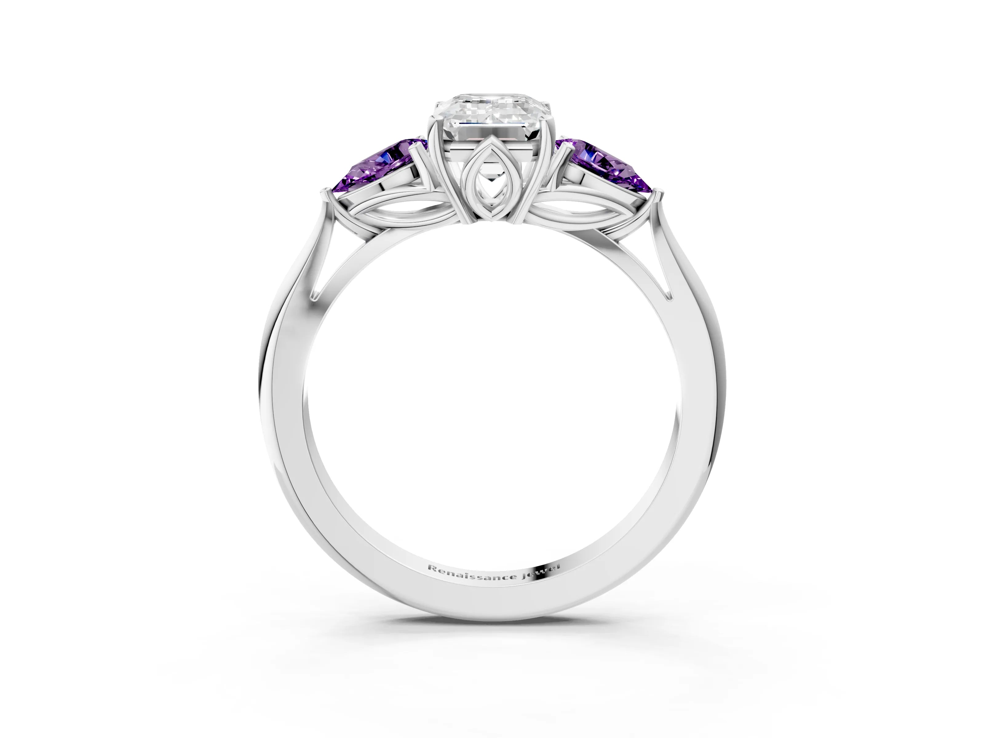 White gold Emerald Cut Diamond Three-Stone Ring with Pear with Amethyst side stone Side Stones and Prong Setting_15