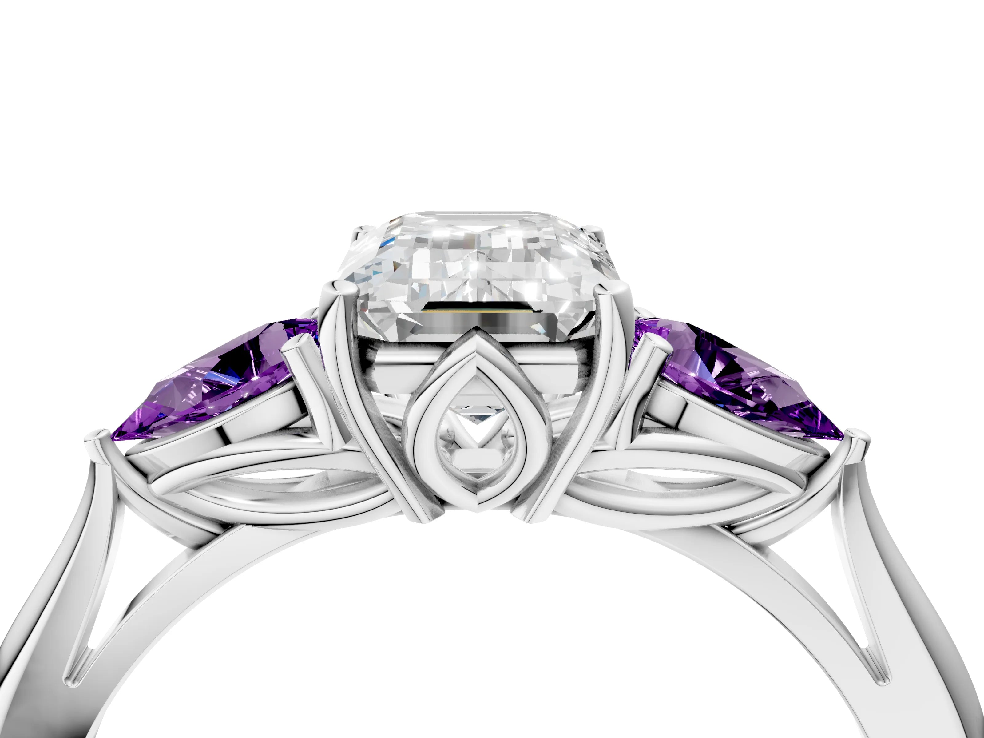 White gold Emerald Cut Diamond Three-Stone Ring with Pear with Amethyst side stone Side Stones and Prong Setting_16