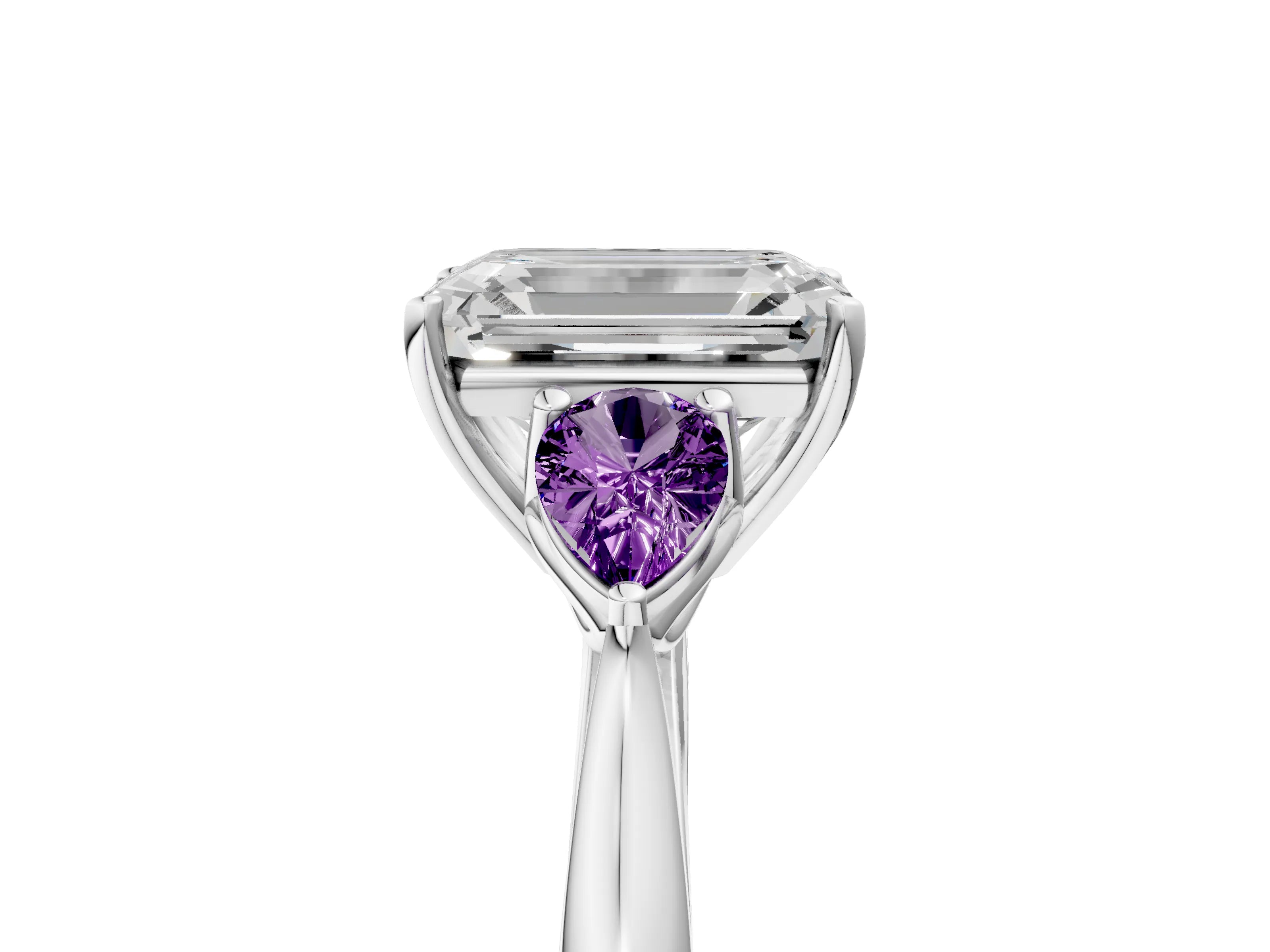 White gold Emerald Cut Diamond Three-Stone Ring with Pear with Amethyst side stone Side Stones and Prong Setting_17