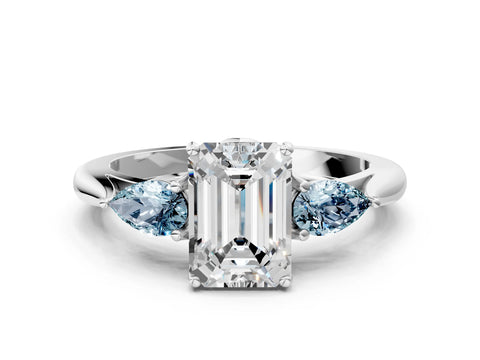 White gold Emerald Cut Diamond Three-Stone Ring with Pear with Aquamarine side stone Side Stones and Prong Setting_36