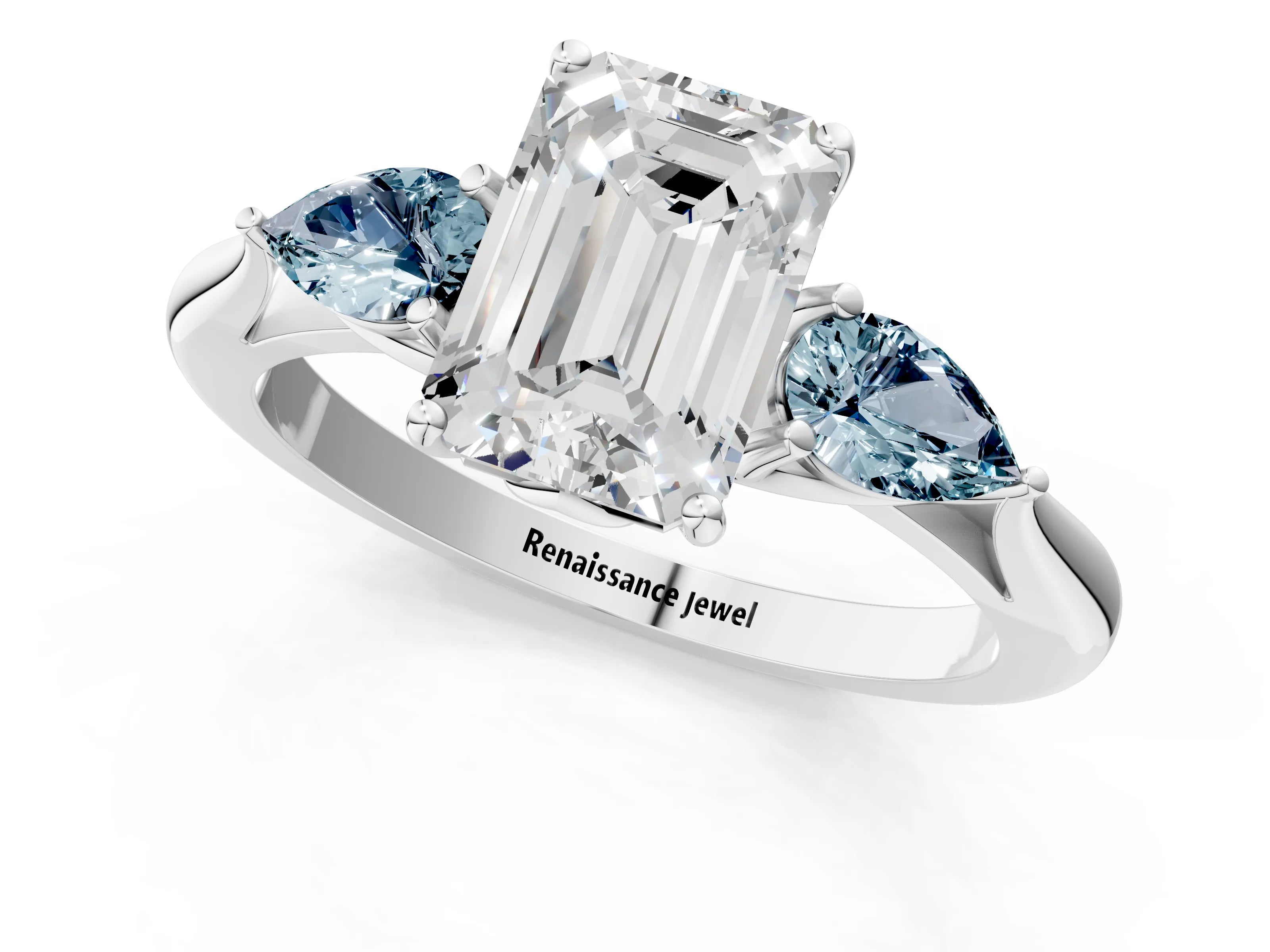 White gold Emerald Cut Diamond Three-Stone Ring with Pear with Aquamarine side stone Side Stones and Prong Setting_37