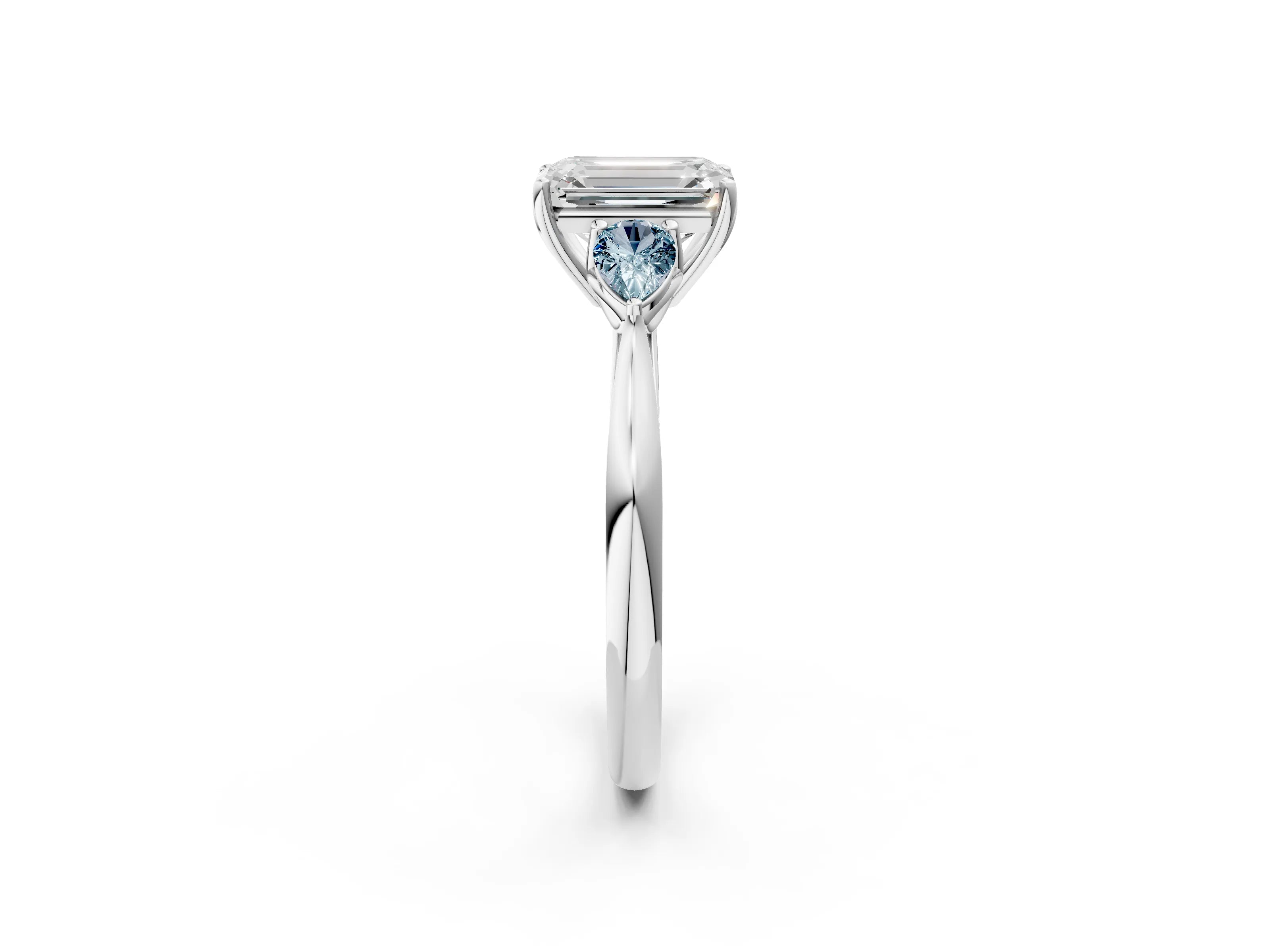 White gold Emerald Cut Diamond Three-Stone Ring with Pear with Aquamarine side stone Side Stones and Prong Setting_38