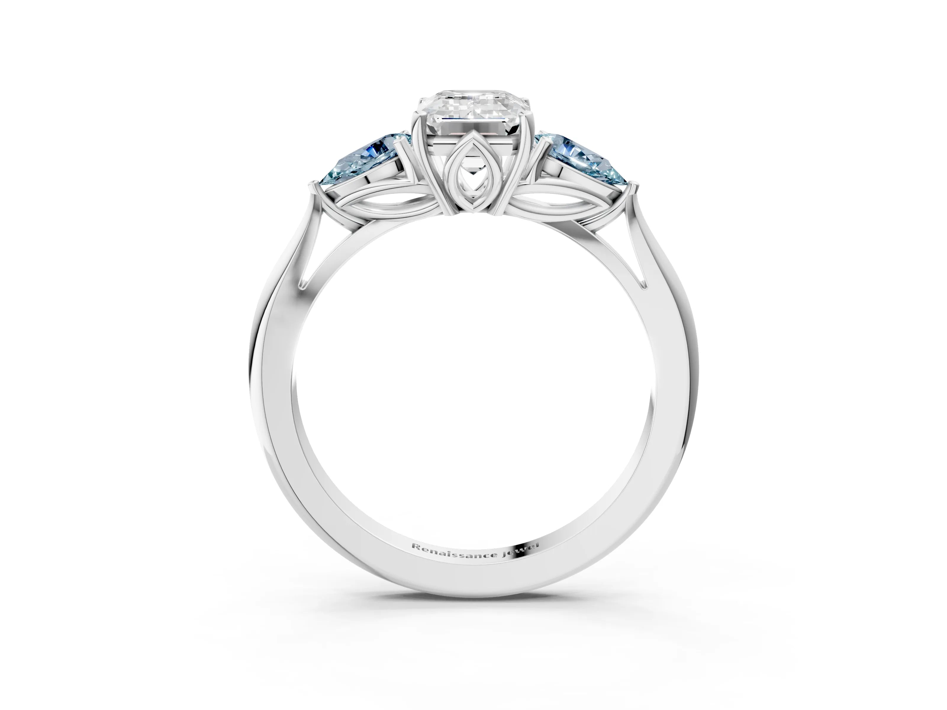 White gold Emerald Cut Diamond Three-Stone Ring with Pear with Aquamarine side stone Side Stones and Prong Setting_39