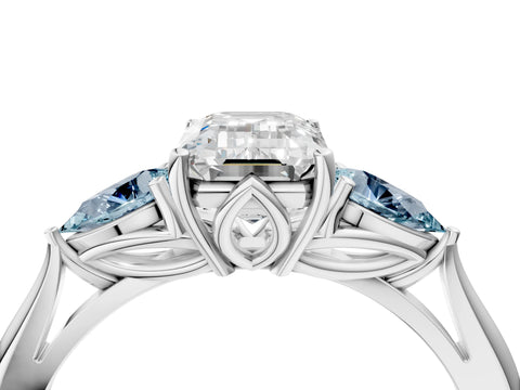 White gold Emerald Cut Diamond Three-Stone Ring with Pear with Aquamarine side stone Side Stones and Prong Setting_40
