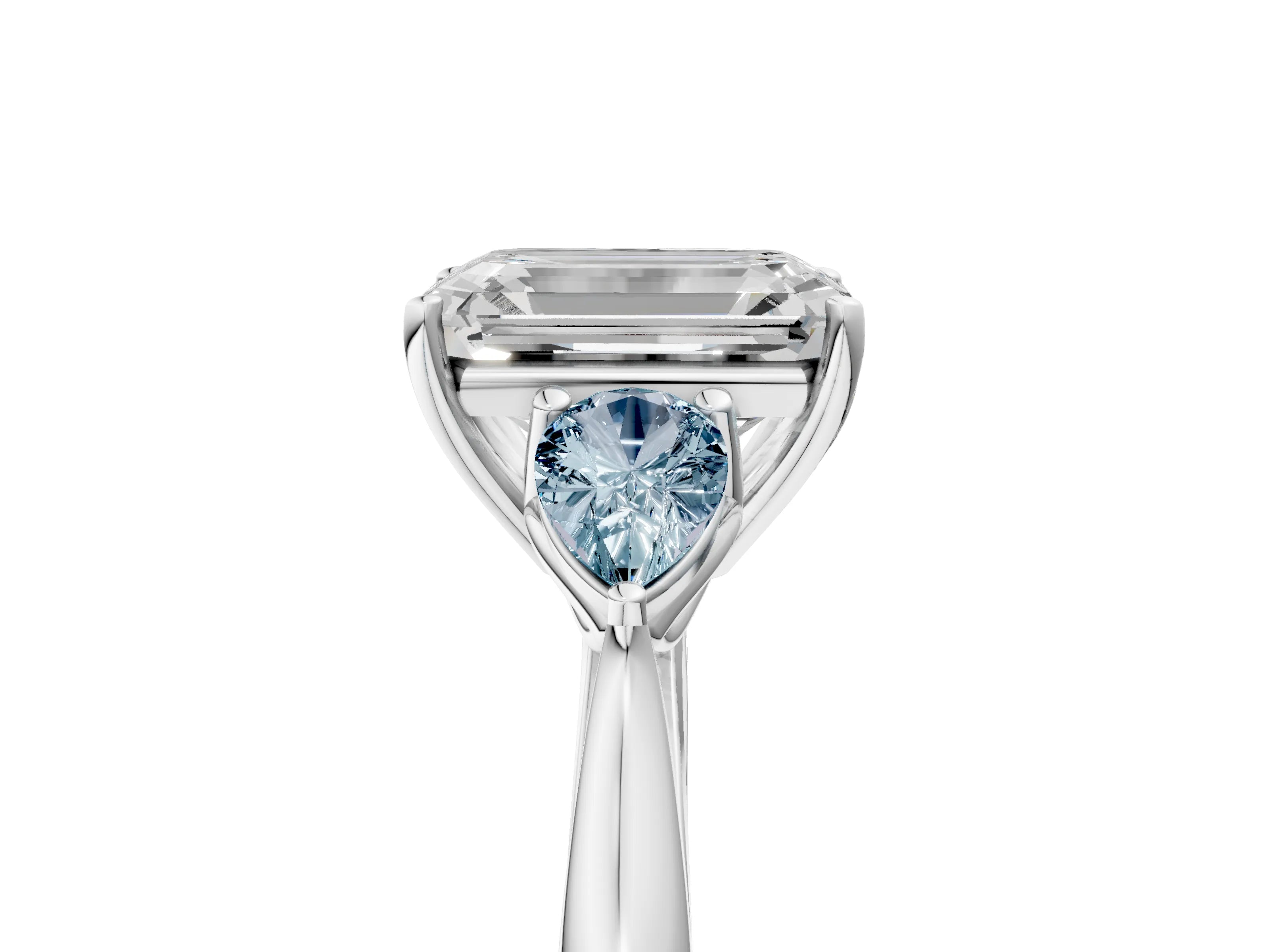 White gold Emerald Cut Diamond Three-Stone Ring with Pear with Aquamarine side stone Side Stones and Prong Setting_41