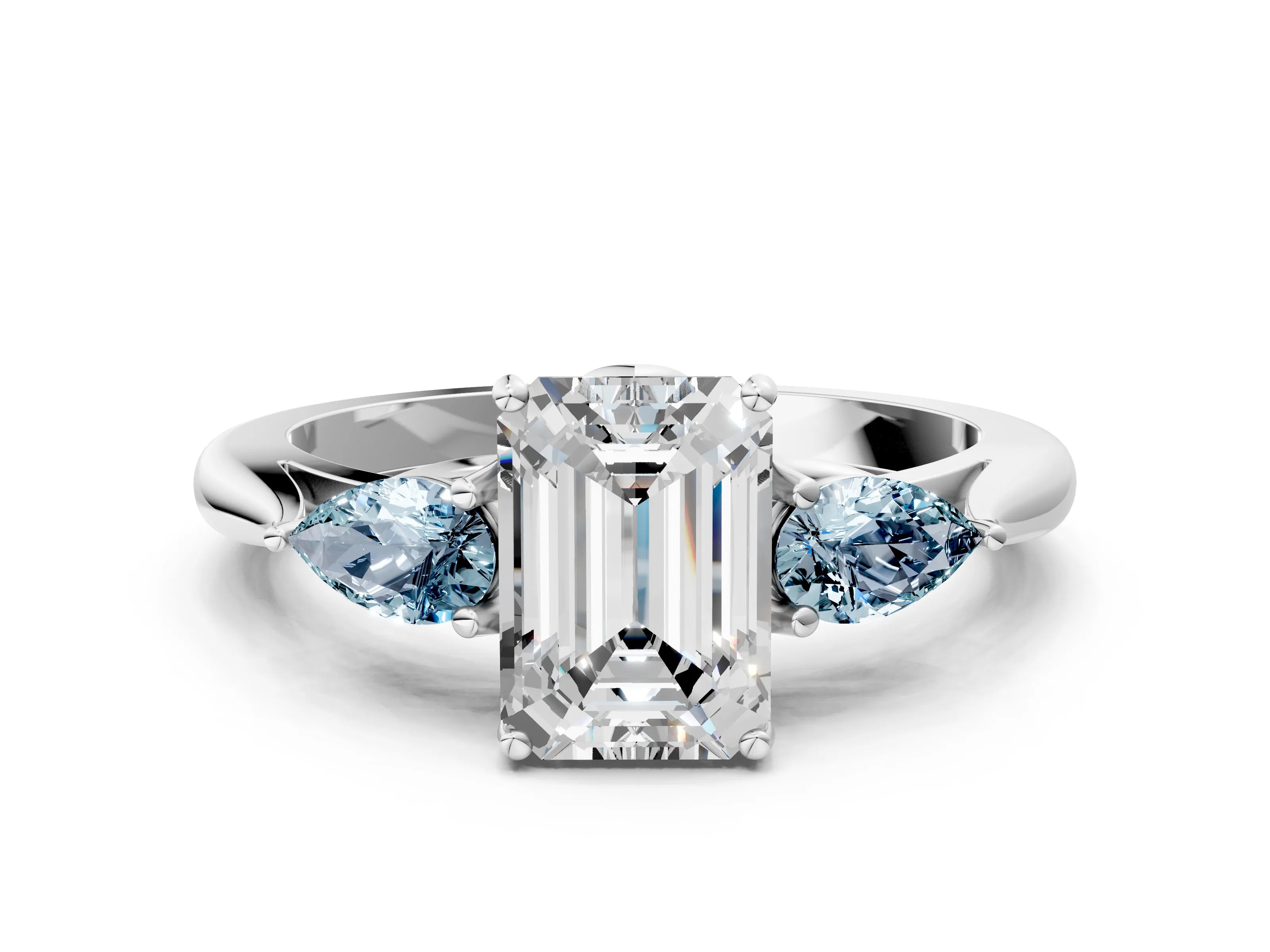 White gold Emerald Cut Diamond Three-Stone Ring with Pear with Aquamarine side stone Side Stones and Prong Setting_48