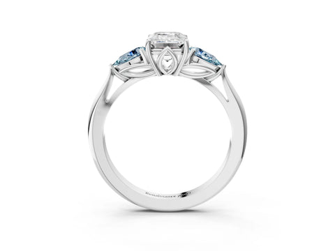 White gold Emerald Cut Diamond Three-Stone Ring with Pear with Aquamarine side stone Side Stones and Prong Setting_51