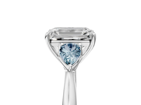 White gold Emerald Cut Diamond Three-Stone Ring with Pear with Aquamarine side stone Side Stones and Prong Setting_53