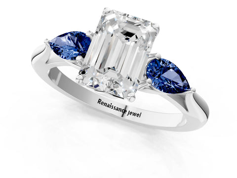 White gold Emerald Cut Diamond Three-Stone Ring with Pear with Blue Sapphire side stone Side Stones and Prong Setting_13