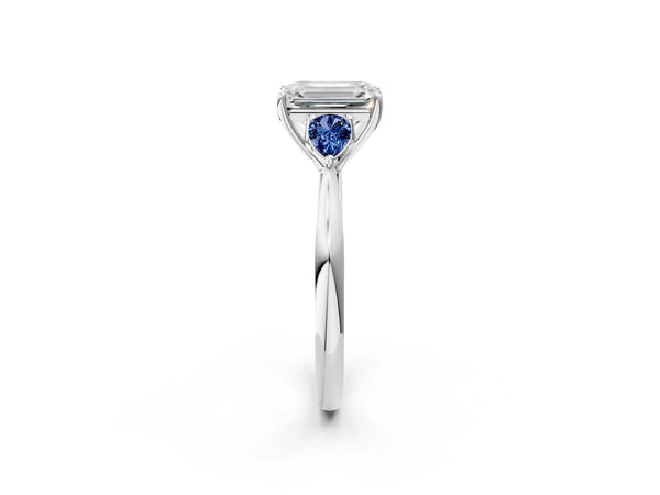 Platinum Emerald Cut Three Stone Engagement Ring Setting with Pear Lab-Grown Blue Sapphire Side Stones