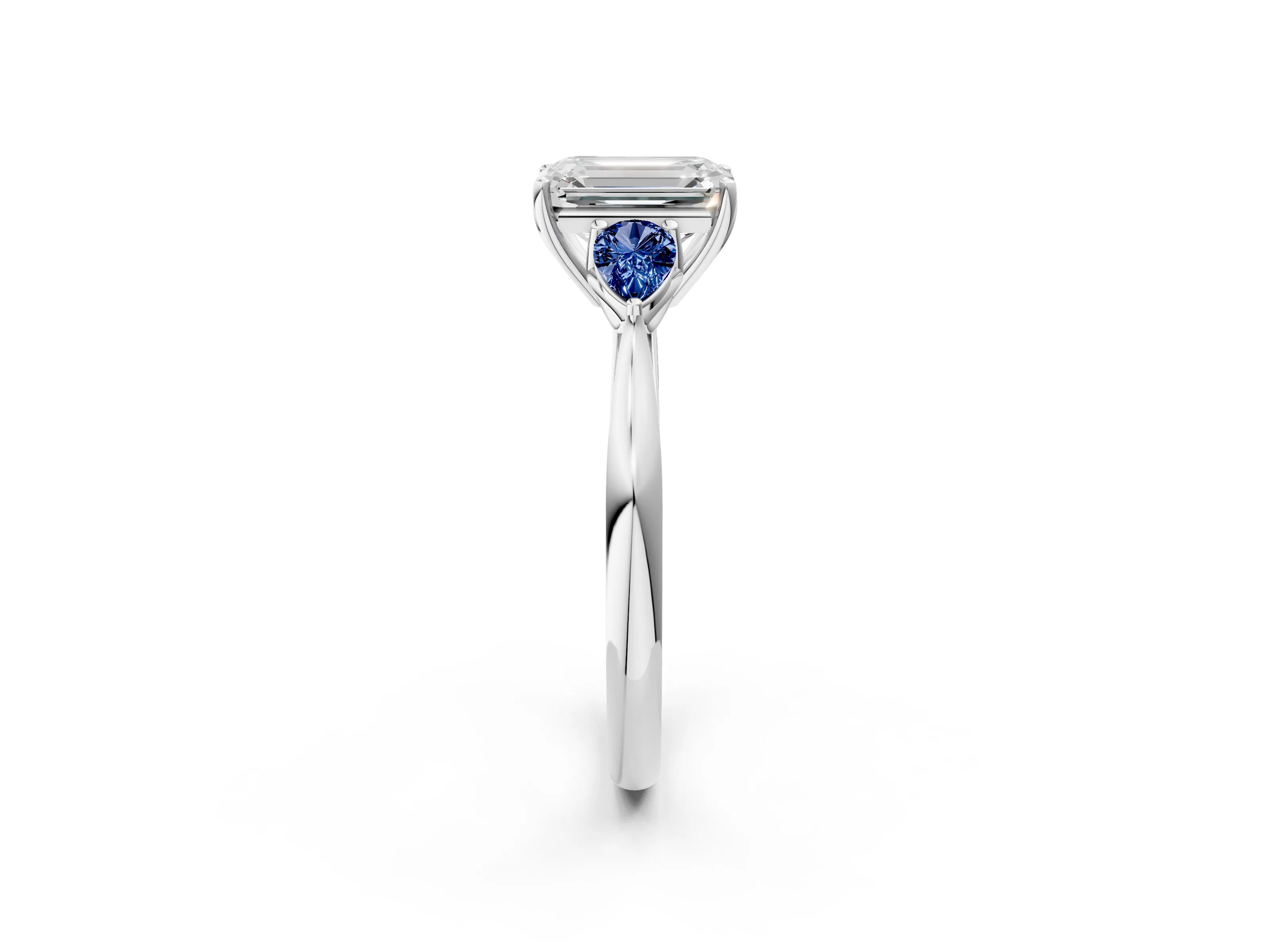 White gold Emerald Cut Diamond Three-Stone Ring with Pear with Blue Sapphire side stone Side Stones and Prong Setting_14