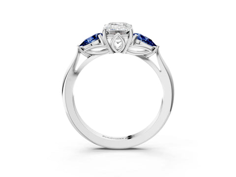 White gold Emerald Cut Diamond Three-Stone Ring with Pear with Blue Sapphire side stone Side Stones and Prong Setting_15