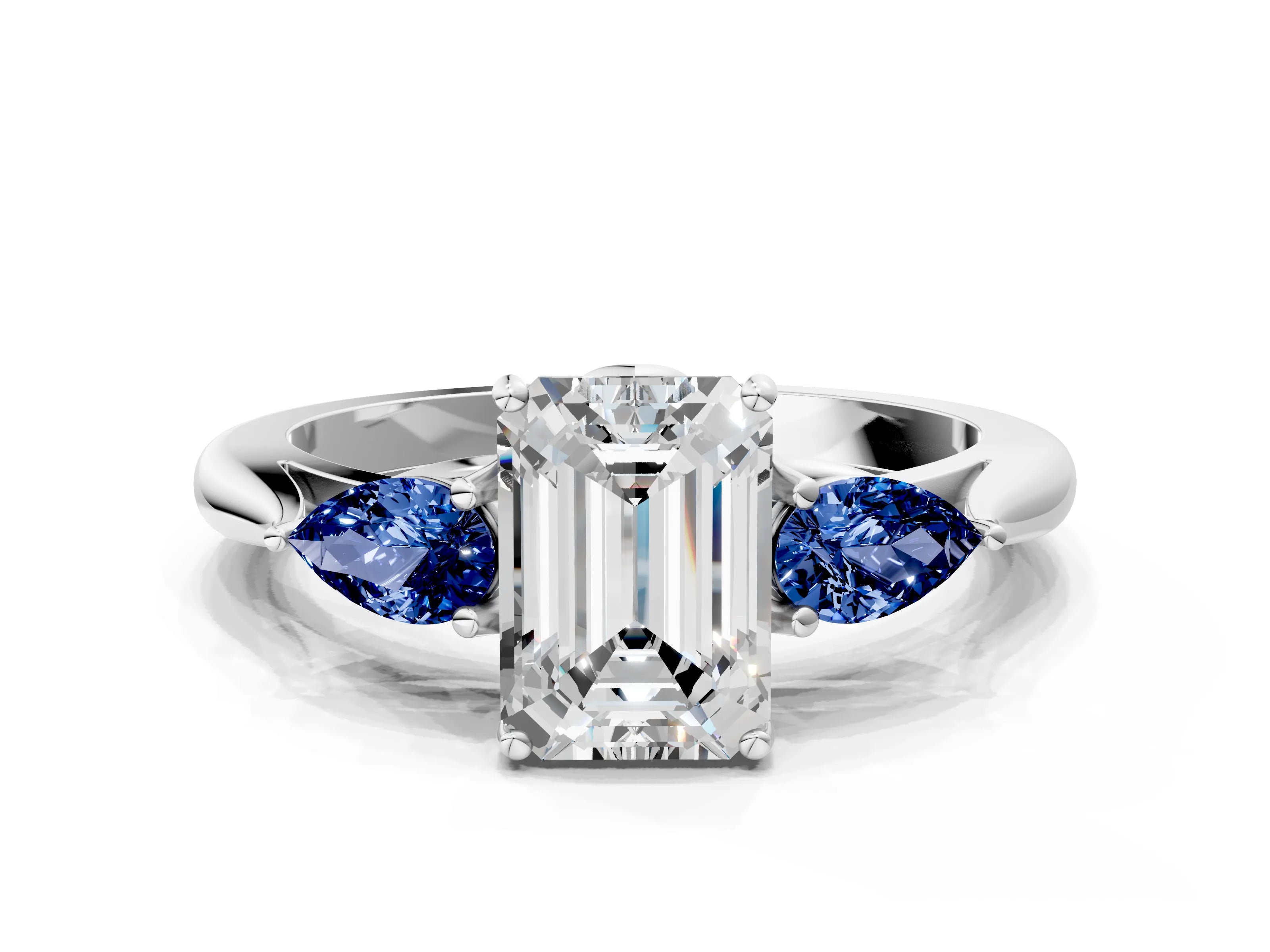 White gold Emerald Cut Diamond Three-Stone Ring with Pear with Blue Sapphire side stone Side Stones and Prong Setting_24