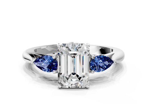White gold Emerald Cut Diamond Three-Stone Ring with Pear with Blue Sapphire side stone Side Stones and Prong Setting_24